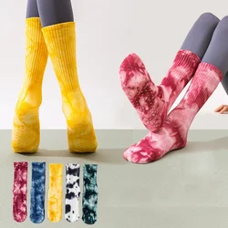 Calcetines de algodón de Yoga para mujer, toalla Tie-dye, silicona, antideslizante, agarre de Pilates, calcetín de tripulación