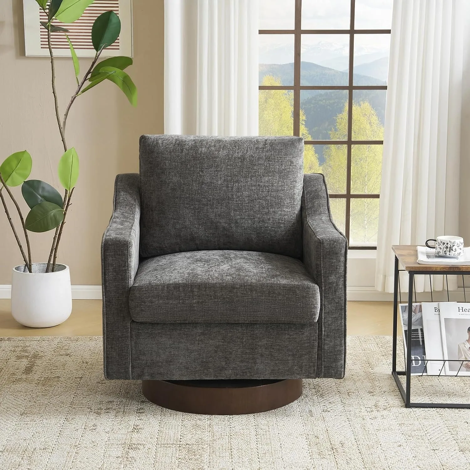 Mid-Century Modern Swivel Accent Chair, 360°Upholstered Armchair, Home Sofa with Track Arms for Living Room, Bedroom, Reading Room, Club Swivel Chair, Chenille Grey