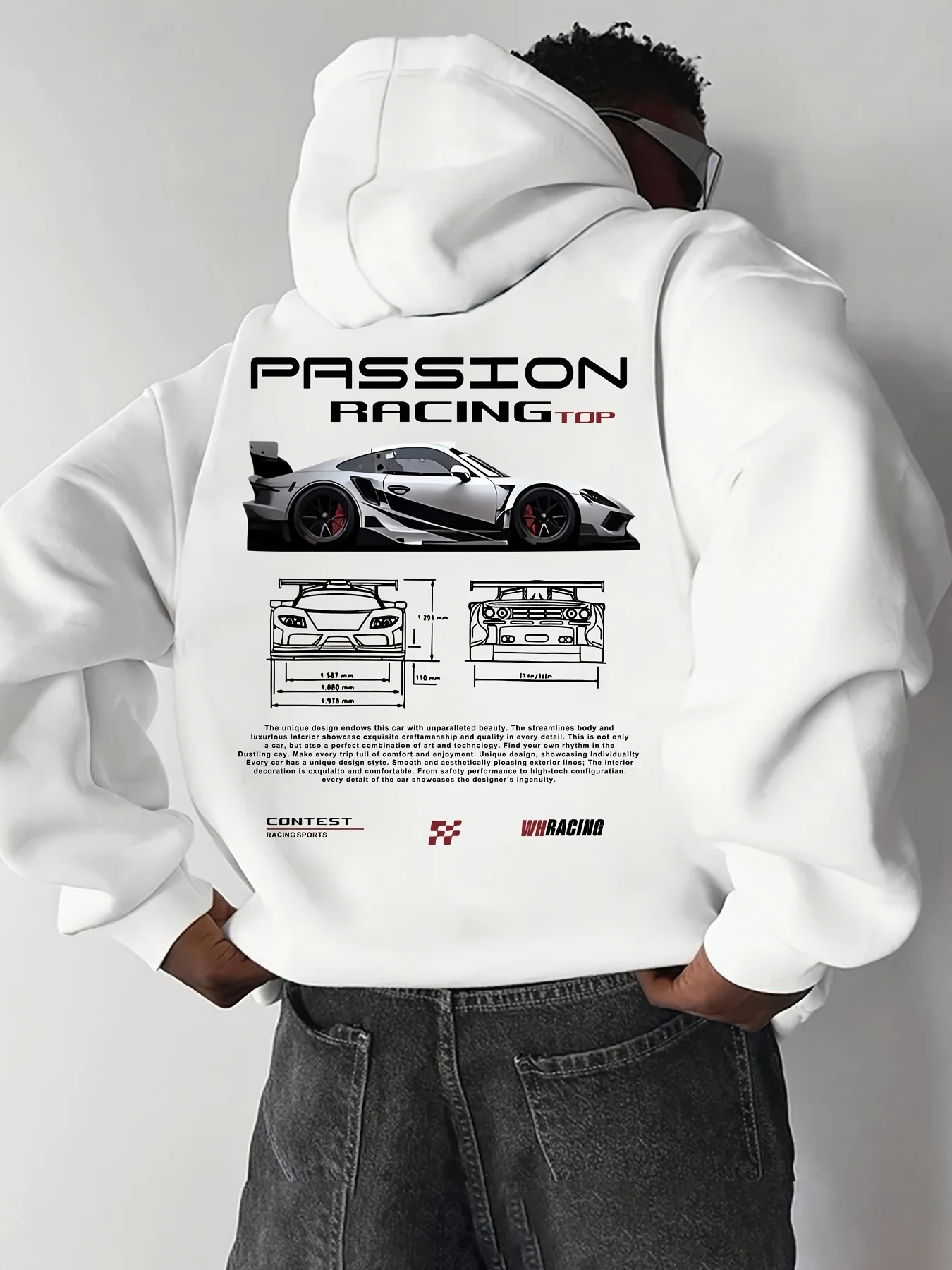 Men's Fall/winter Loose and Versatile Letter Print Hooded Fleece Outdoor Warm Street Trend Car Patterned Pullover Shirt