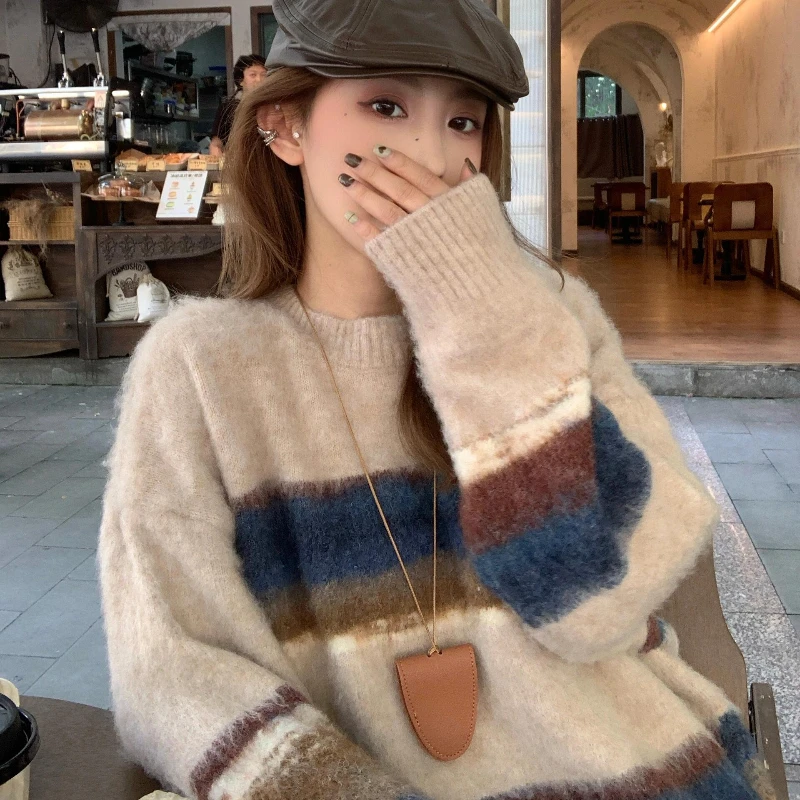 Pullover Frauen Gestreiften Oansatz Verdickt Gestrickte Weiche Alle-spiel Herbst Winter Pullover Ins Koreanische Mode Sanfte Stilvolle Chic
