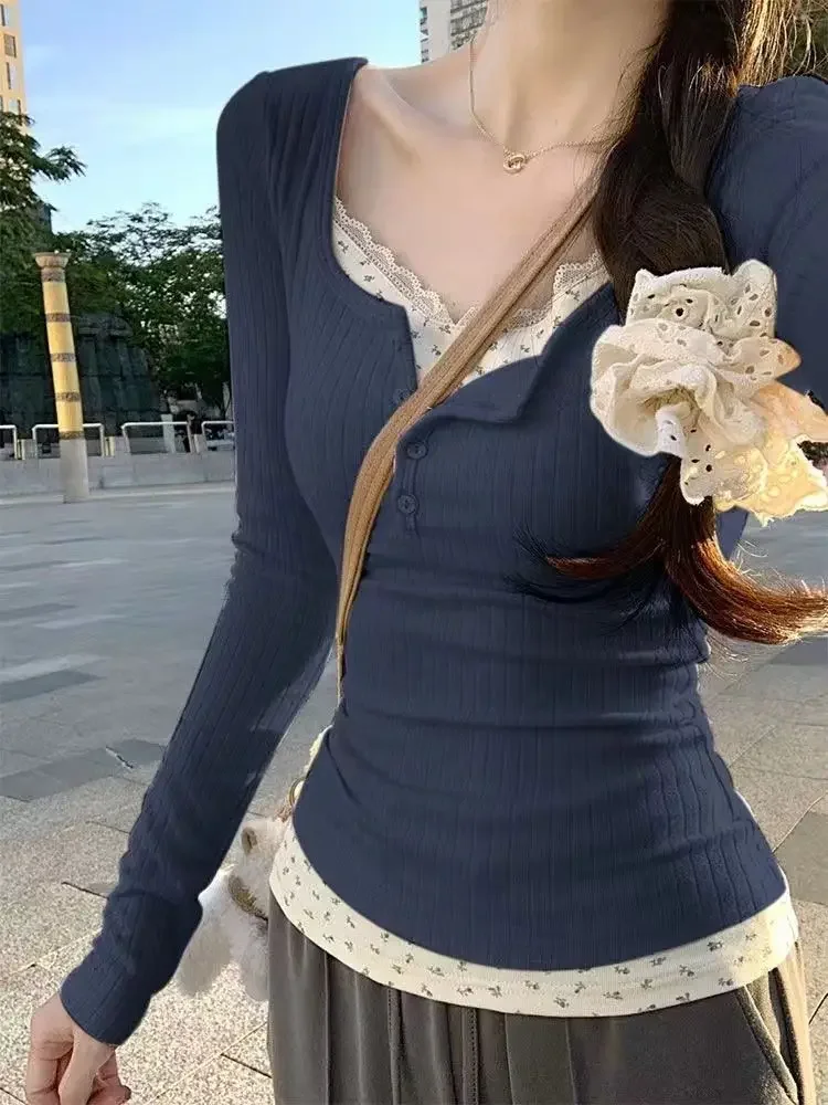 

Lace Fake Two Piece Long Sleeved T-shirt 2025 Early Autumn New Bottoming Tee Shirt Y2k Slim Fit Long Sleeve Top for Women