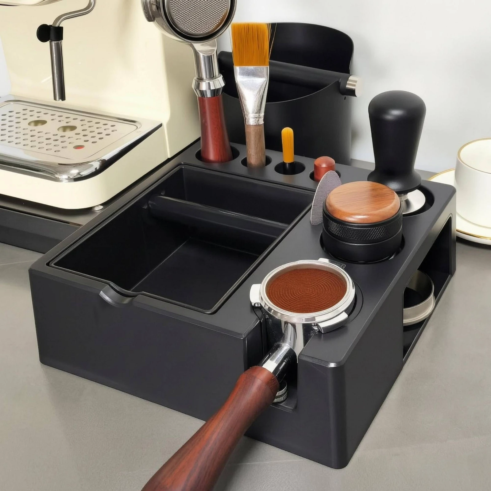 Tamping Station with Knock Box Built-in Storage Portafilter Tamping Station Portafilter Tamper Holder ABS