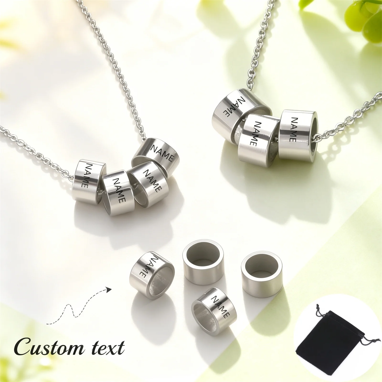 Customized Name Date Bead Necklace Stainless Steel Personalized Carving Family Name Bead Gothic Box Chain Fashion Jewelry Gift