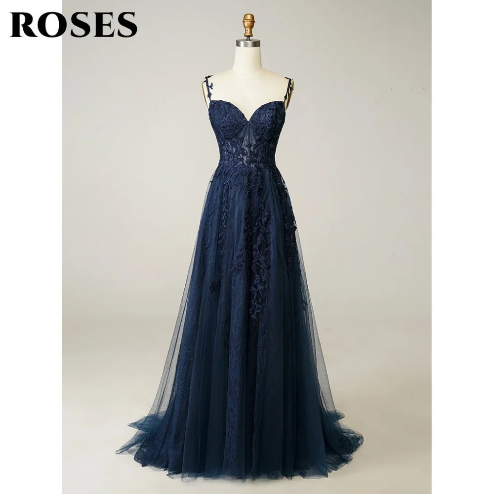 

ROSES Navy Blue Prom Dress Gown Pleats Tulle Sleeveless Party Dress Spaghetti Strap Lace A-Line Night Dress for Woman Customized