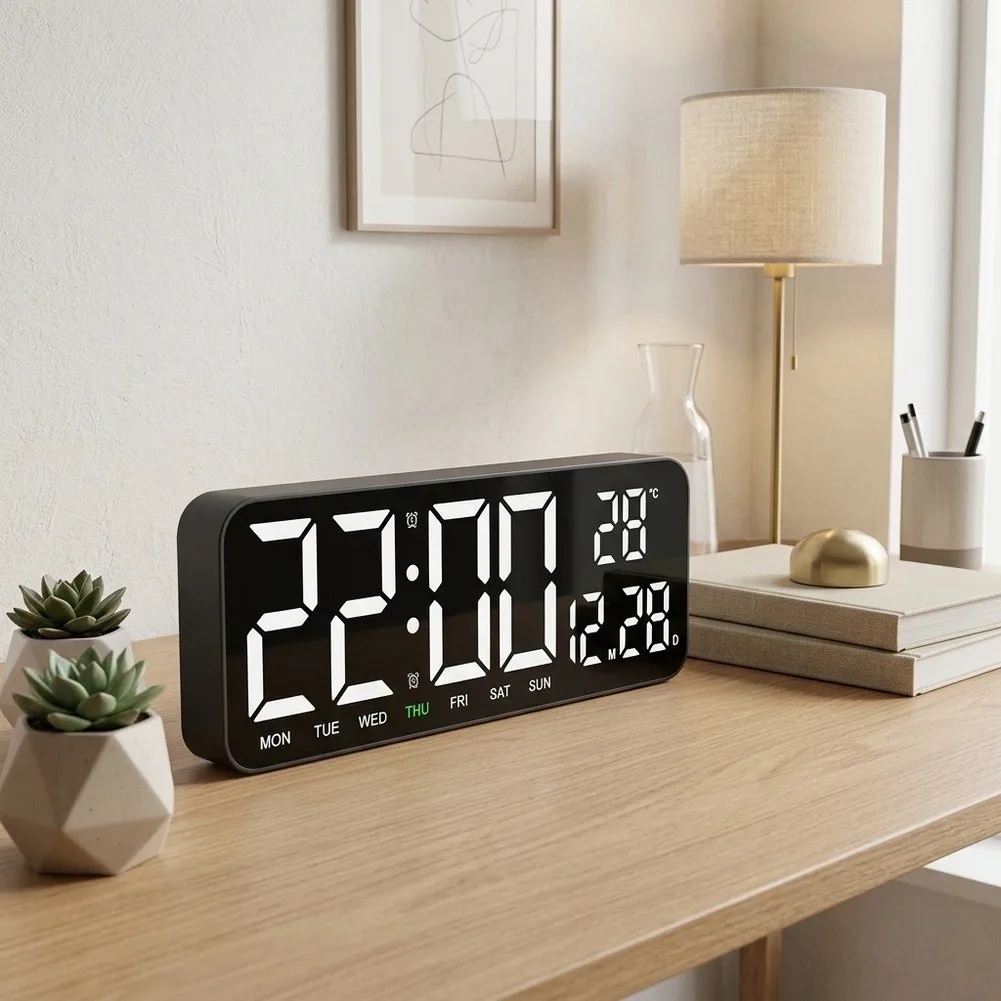 For Bedroom Bedside White Large Display Clock Large Display Alarm Clock Bedside Timer Clock 24-hour Time Format