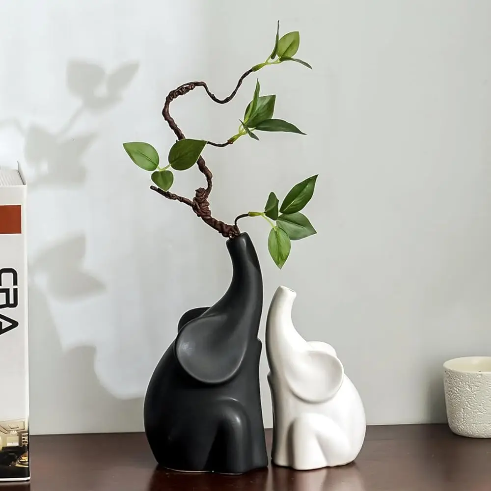 

Loving Pair Of Elephants,With Flower,Modern Ceramic Decor Statue,Good Lu Elephant,For Bookshelf Living Room Office Table Shelf