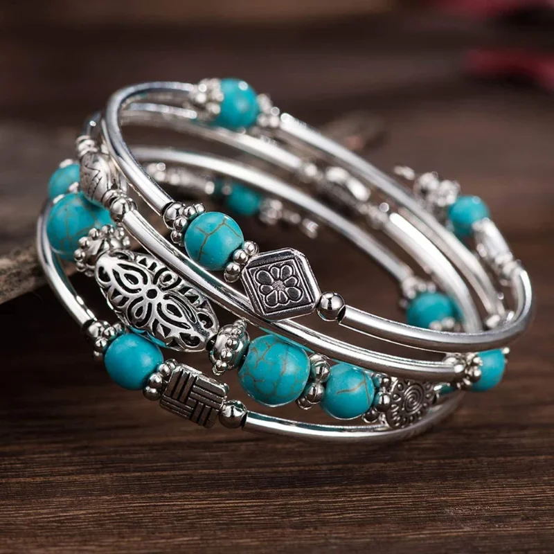 Layered Wrap Bangle Turquoise Bracelet - Bead Bracelet with Natural Agate Stone, Gifts for Women Men Mom Girls view 2