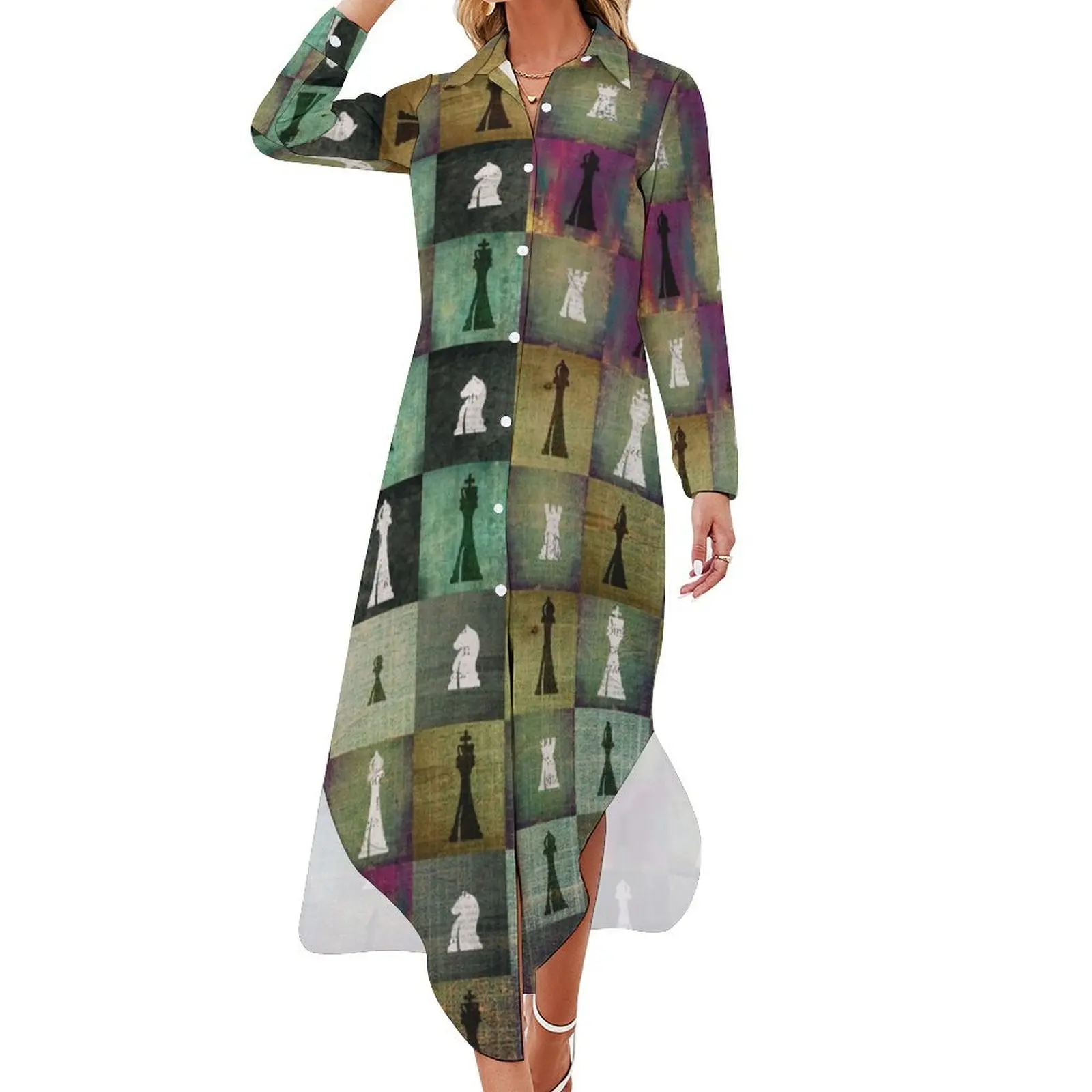 

Paint and Print Chessboard and Chess Pieces pattern Long Sleeved Shirt Dress elegant guest wedding dress Dress for girls