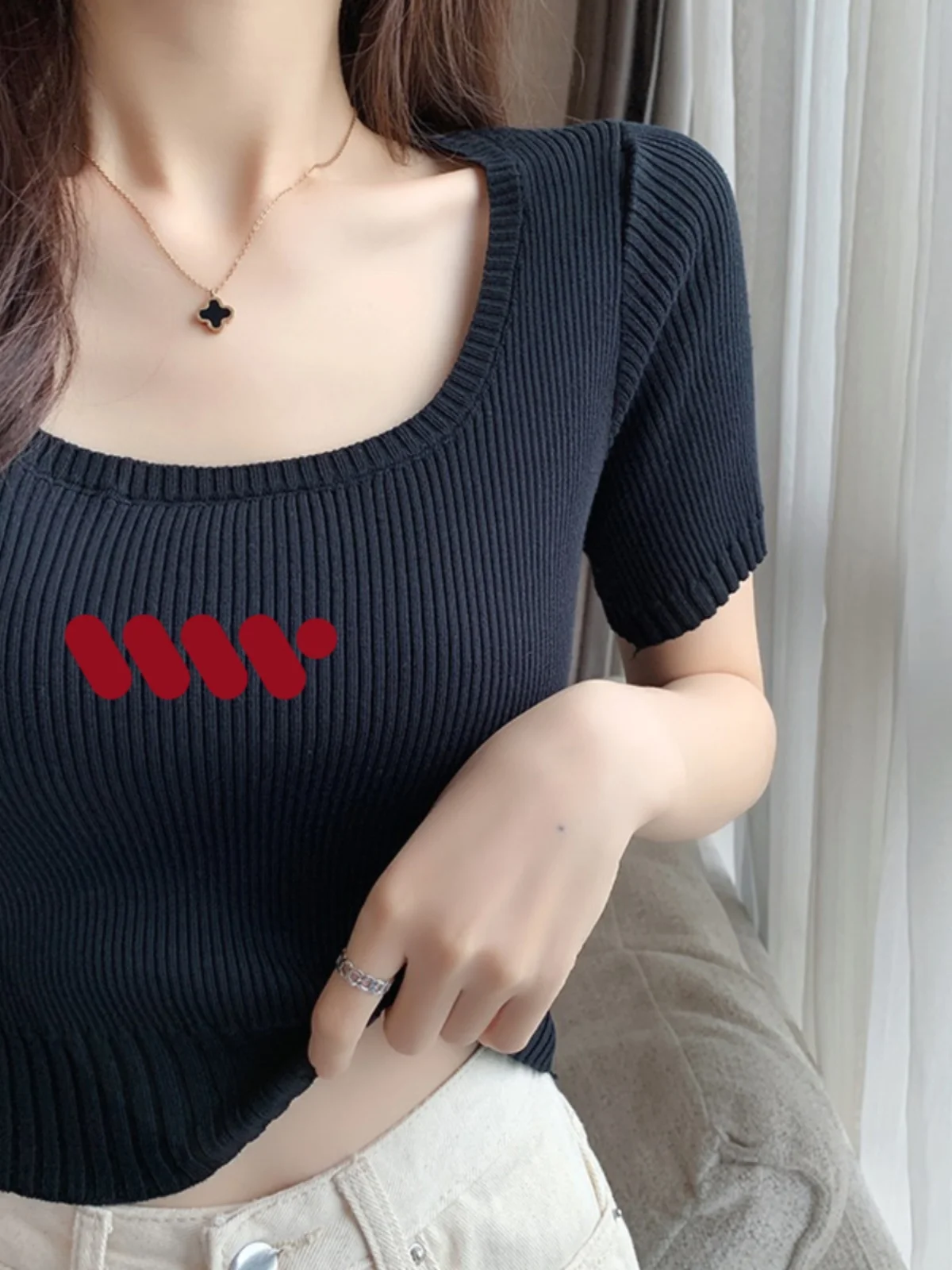 Ele Ice Zijde Gebreid T-shirt Dames Zomer Faion Print Vierkante Kraag Slim Fit ort Sle Mooie Zoete En Pittige Top