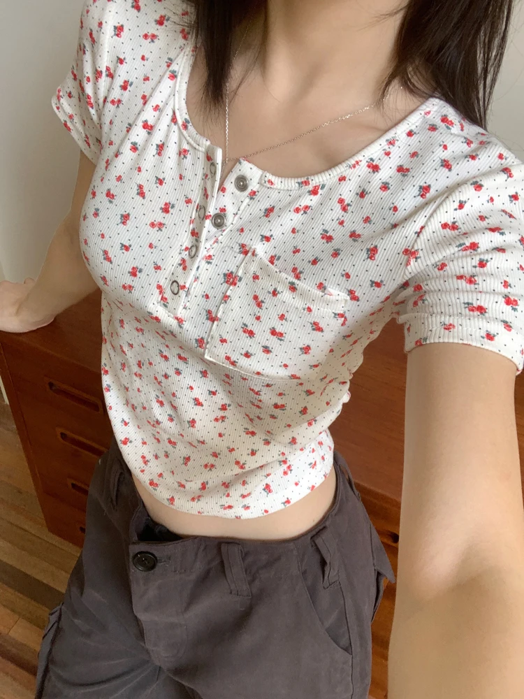 

7Colors Summer 2025 Korean style O neck pocket Short Sleeve T-Shirts Women Slim Cropped Tops Femme (X3383