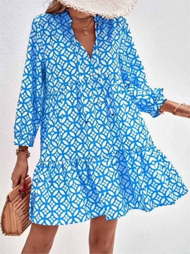 Abbigliamento casual Boho per le vacanze Mini abito con stampa floreale per donna Scollo a V Manica a 3/4 Abito ampio Abiti da festa eleganti estivi Donna