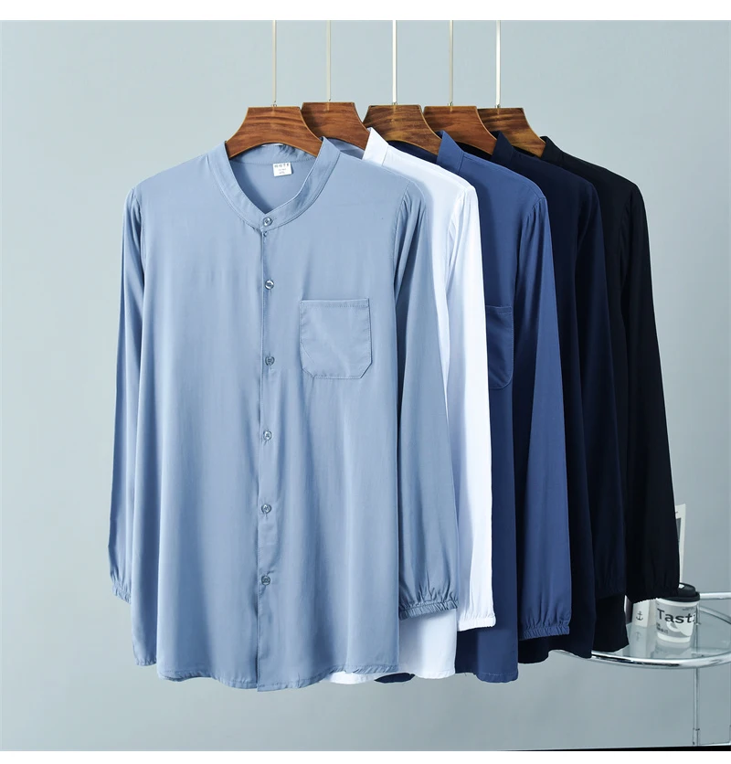 Summer Cotton Silk Men's Long-sleeved Shirt Simple Stand-up Collar Temperament Elegant Casual Shirt Comfortable Cool Home Wear