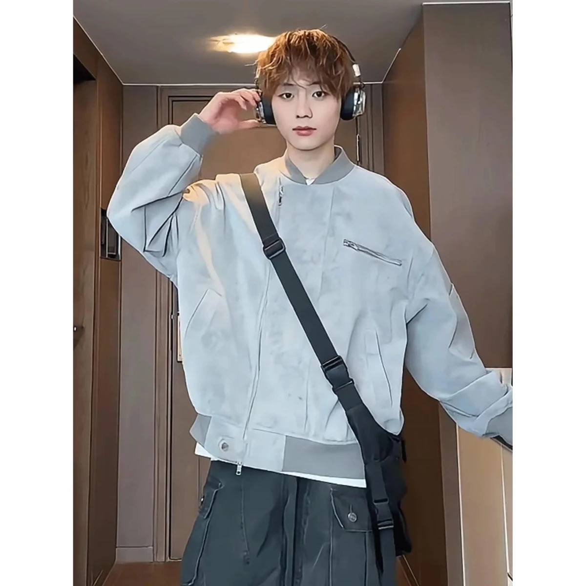 

Cleanfit ort PU Leather Jaet Men's Sle Spring Autumn American Retro Stand Collar Baseball orm High-End Feeling Cool...