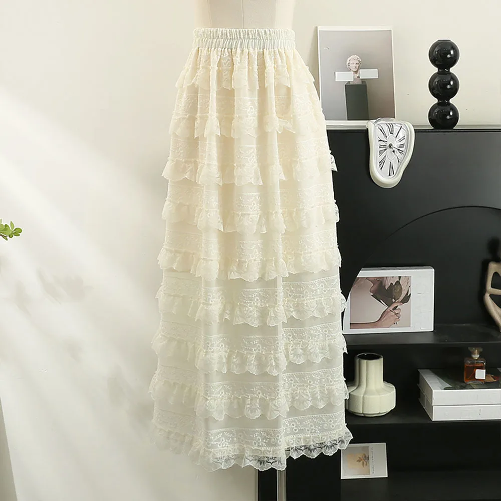 

SpringSummer Korean Long SkirtWomen Elegant Fashion Tulle Lace Tiered A Line High Waist Maxi Skirt Female Lady Sweet Midi Skirts