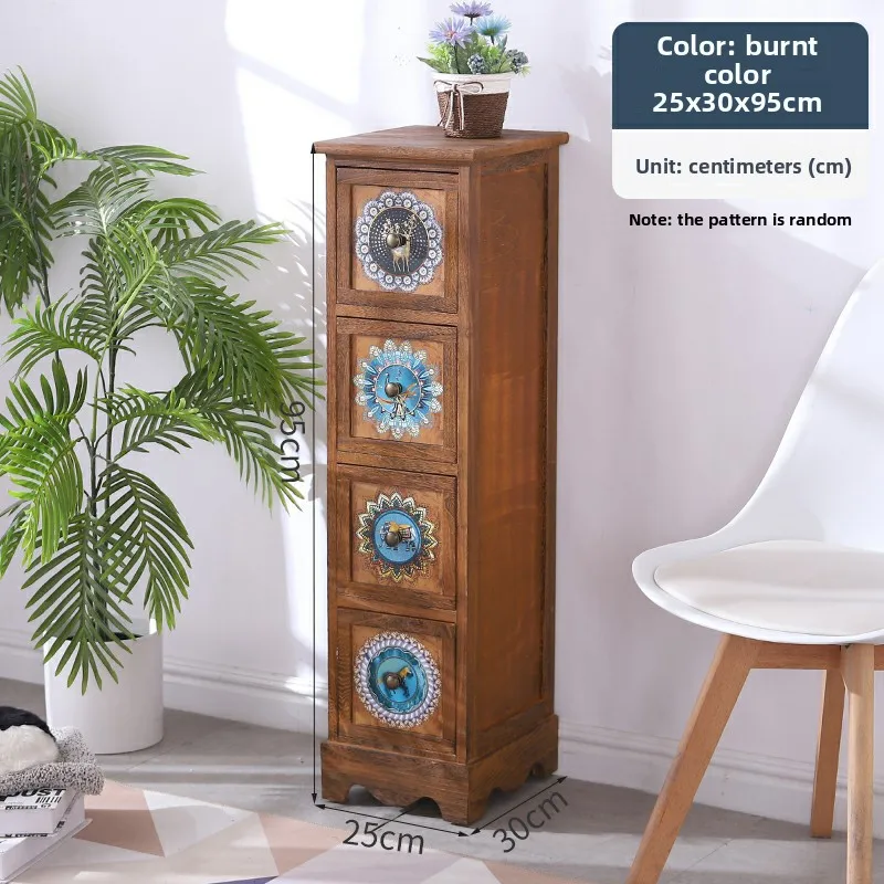 

25cm Solid Wood Small Narrow Bedside Cabinet Retro Painted Storage Chest Large Capacity Vintage Handle Anti Slip Feet Thickened