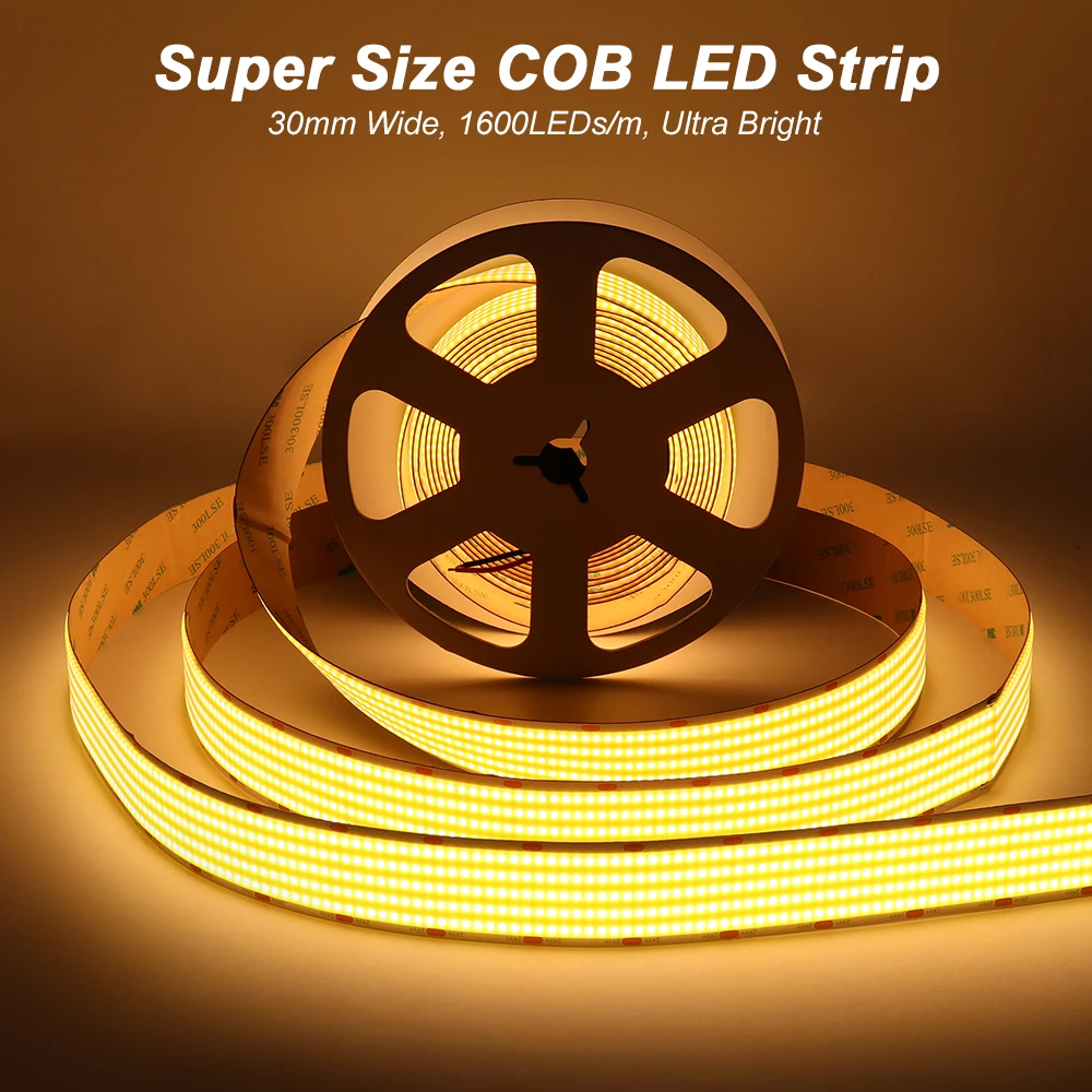 5m Super Bright 24V COB LED Strip CRI 90 Dimmab Flexible 30mm Wide LED Ribbon Tape 3000K 4000K 6000K for Indoor Lighting DC24V