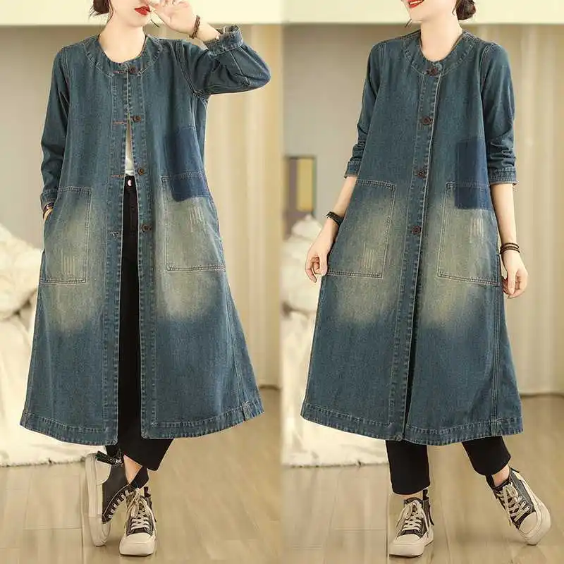 

Denim Long Coat Women Trench Jackets Round Collar Washed Patchwork Vintage Overcoat Female Autumn Outerwear Streetwear 2025