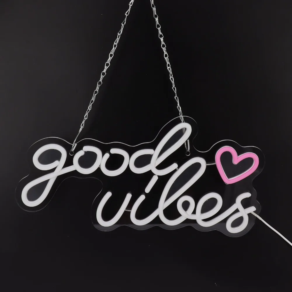 Good Vibes LED Neon Sign PC Material Hanging Chain Neon Light USB Powered Ice Blue Light LED Light Up Sign Bedroom Decor