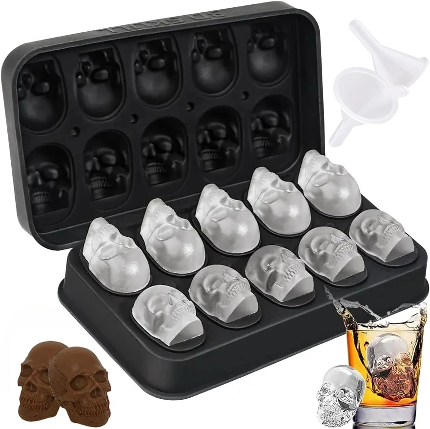 Paquete de 1/2 moldes de silicona 3D con forma de calavera para cubitos de hielo, 10 cavidades, con embudo, para whisky, cócteles, chocolate, regalo de Halloween para bar