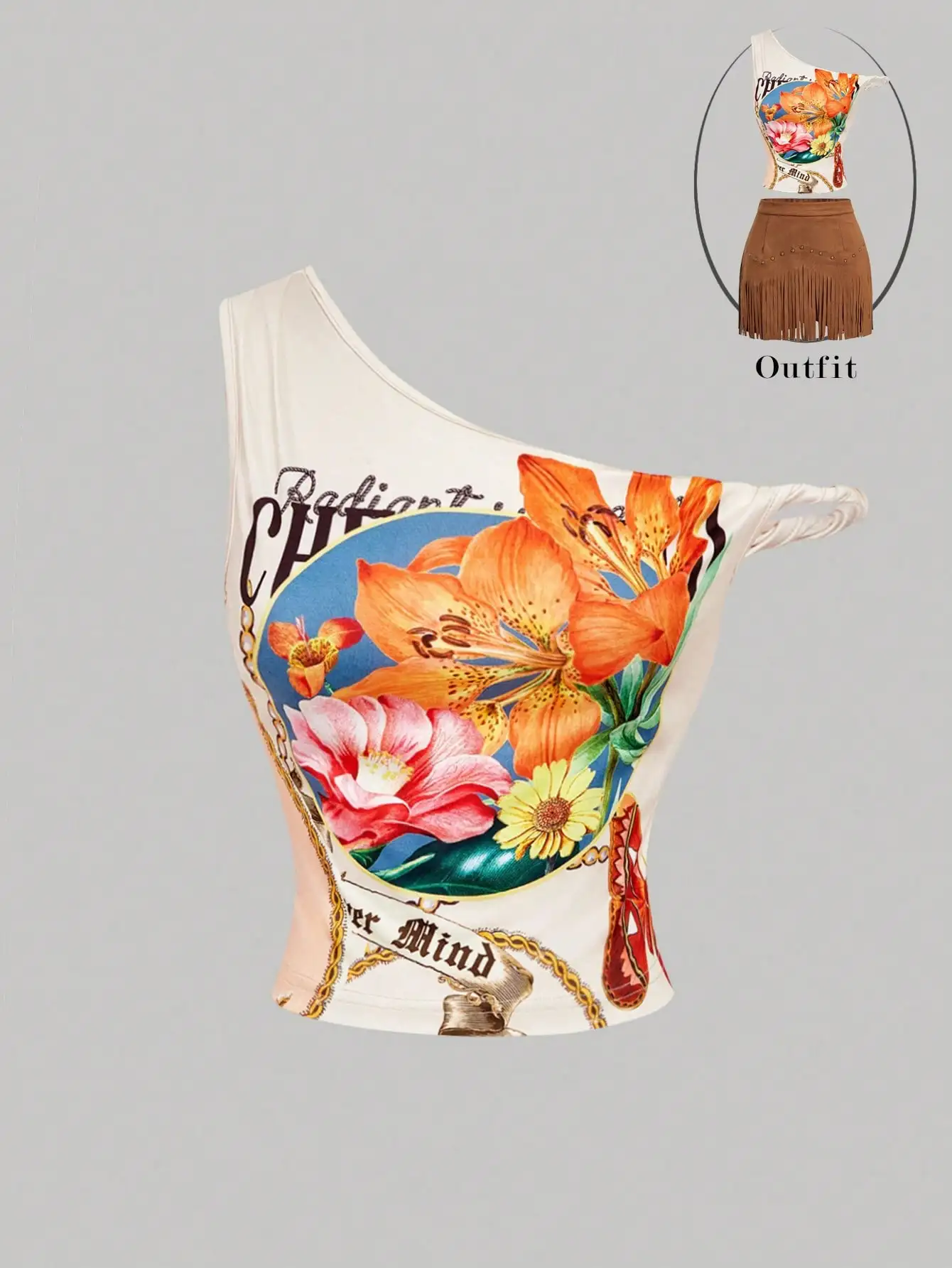 Asymmetric Shoulder Twist Front Crop Top, Floral Print Vintage 2000s, Cream Boho Vacation Summer Tank Top for Women