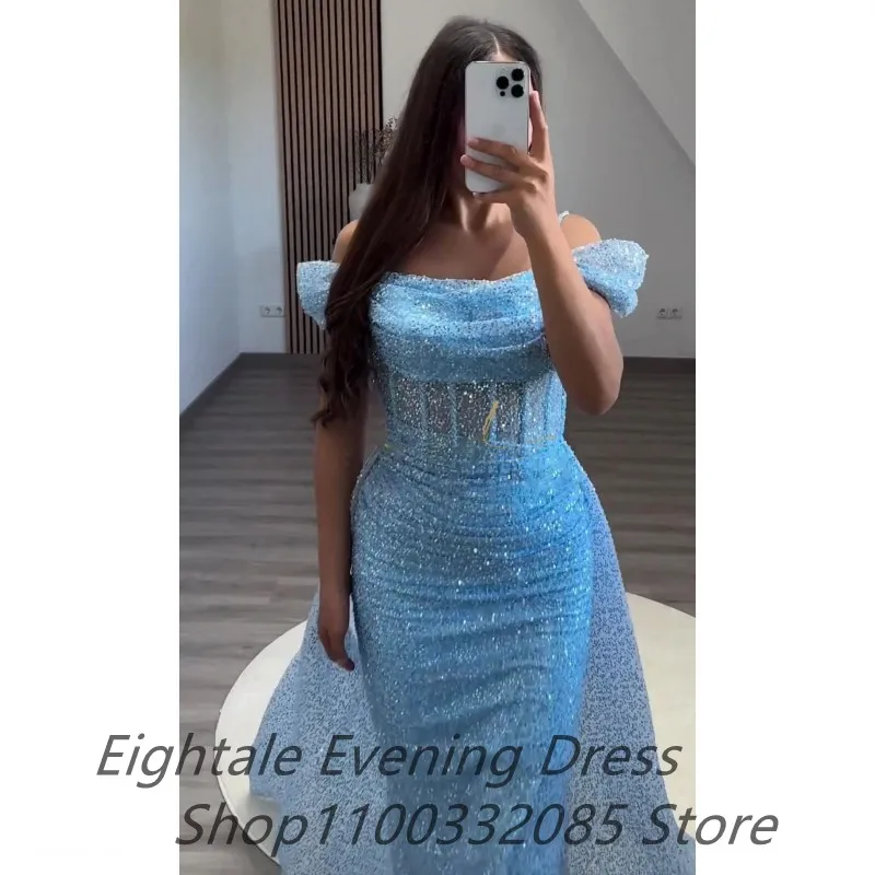 Eightale Shinning Sequins Prom Dress Off Shoulder Sky Blue Evening Dress Women Formal Party Gown Robes De Soirée Customized