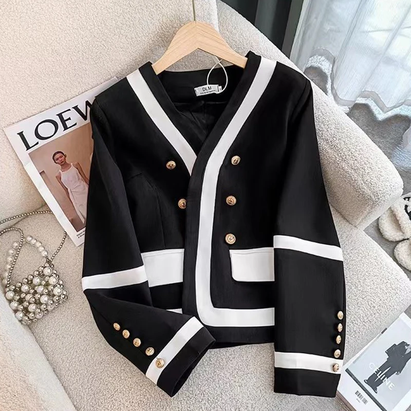 Women\'s Court Style Contrast Coat, High-Quality, Light Luxury, Metal Buckle, Fashion Suit, Female Clothes, Black and White