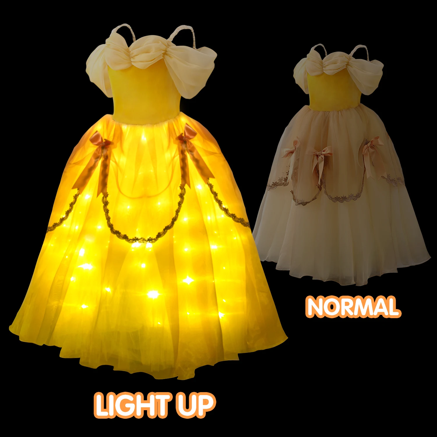 Uporpor Princess Belle LED Light Up Dress for Girl Kids Ball Gown Child Cosplay Bella Beauty and The Beast Costume Fancy Party