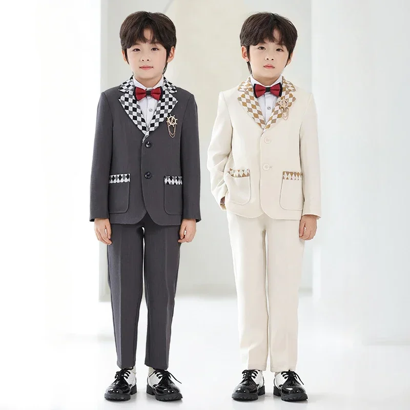 Autumn Suit for Boys Fashion Stitching Plaid Formal Wedding Tuxedo White Gentlemanly Teen Children Piano Performance Costume Set