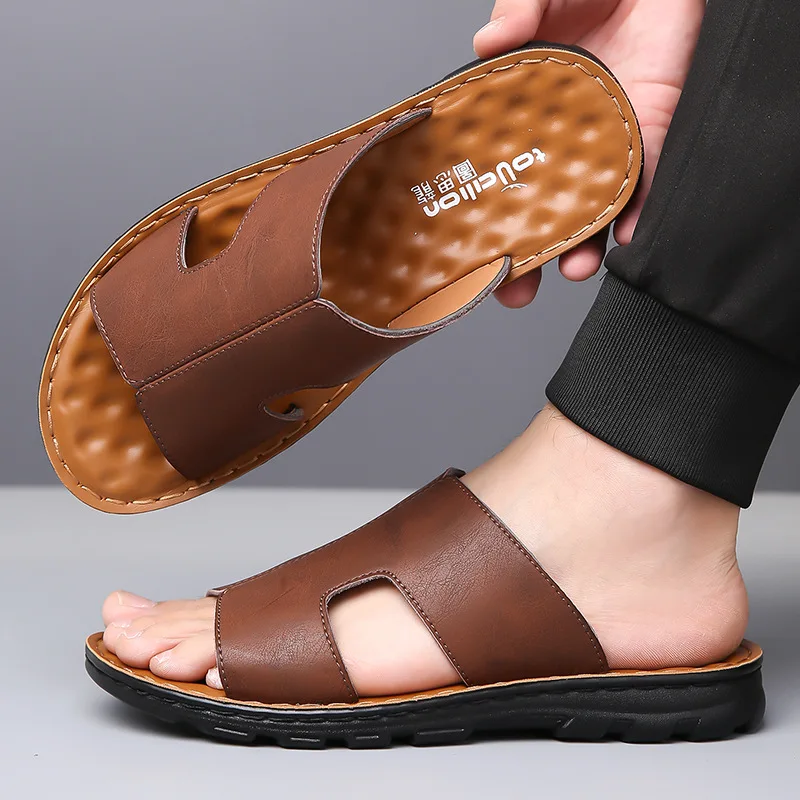 Handmade Men's Leather Slippers Summer Wear Non-slip Simple Flip-flops Male Soft Sole New Designer Slipper Shoes