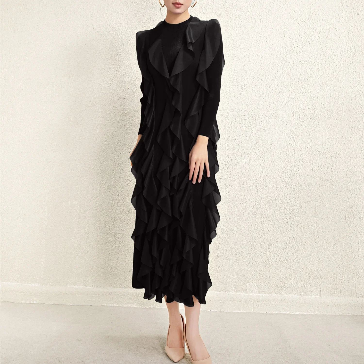 

Miyake Style Pleated Dress for Women 2025 Solid Color Round Neck Long Sleeve Loose Large Size Ruffled Irregular Long Skirt