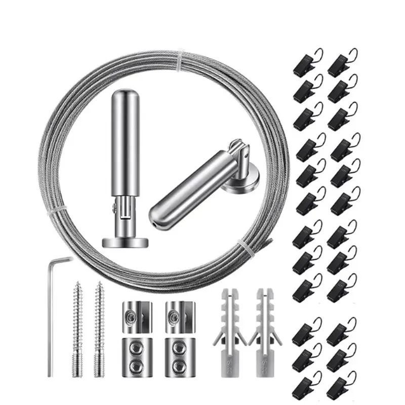 Fresh Adjustable Curtain Drape Wire Rod Set- Room Divider Hanging System(196 Inch/5 M) With 24 Clips
