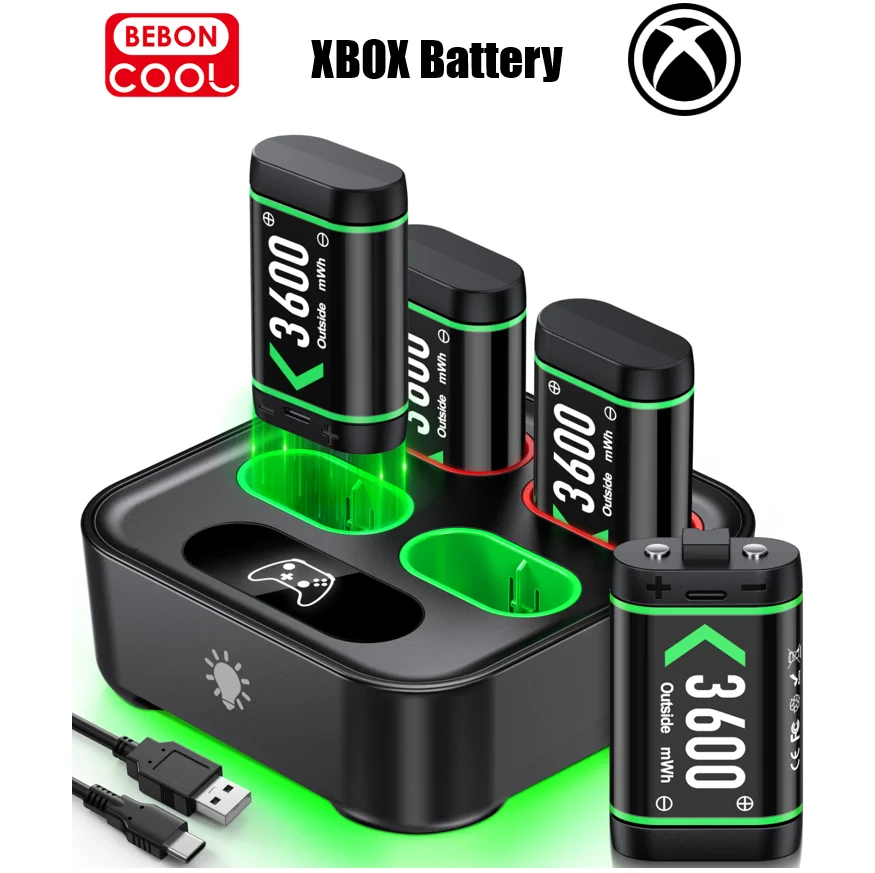 

BEBONCOOL X500 Аккумулятор 4 × 3600 мВтч с зарядным устройством RGB для XBOX ONE S/X и Serise X/S Аккумуляторная батарея для XBOX