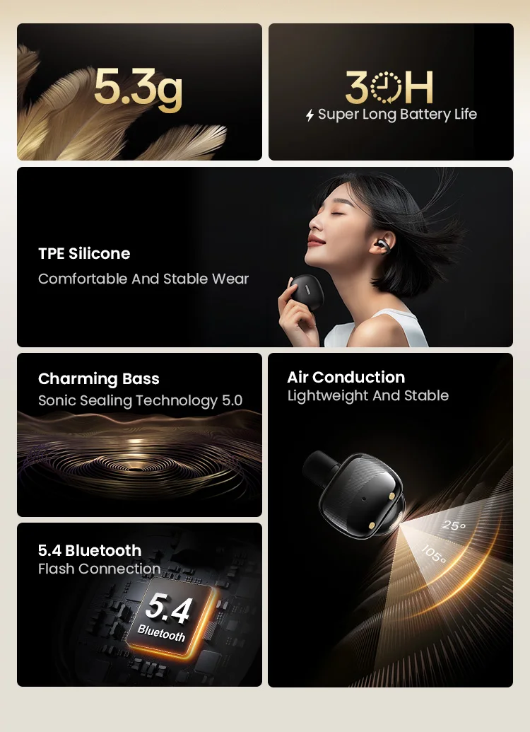 TWS Open Ear Clip Wireless Earbuds Bluetooth Sports Earphones Headphones in Mic with Earhooks & Ear Hook Headset
