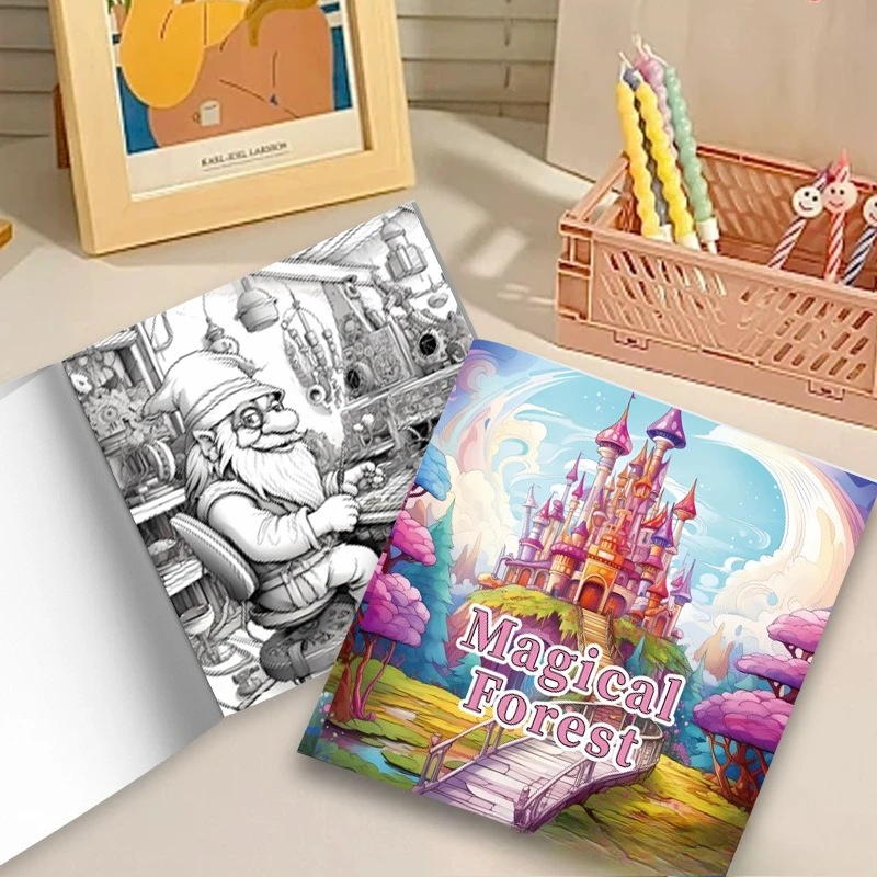 Magical Forest Coloring Book Fairy Tale Castle Pastel Pink Tree Rainbow Sky Fantasy Stress Relief Drawing Book