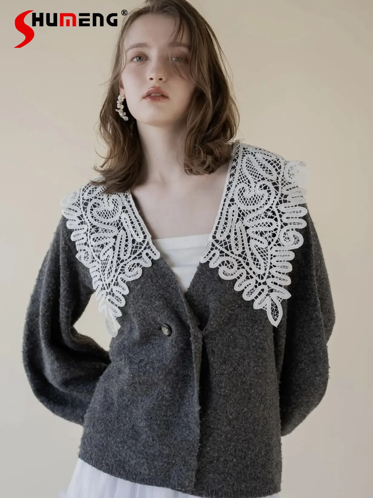 

Cardigan for Women Japanese Fashion Casual Gray Sweaters Spring New 2026 French Elegant Lace Trim Turn-down Collar Knit Top