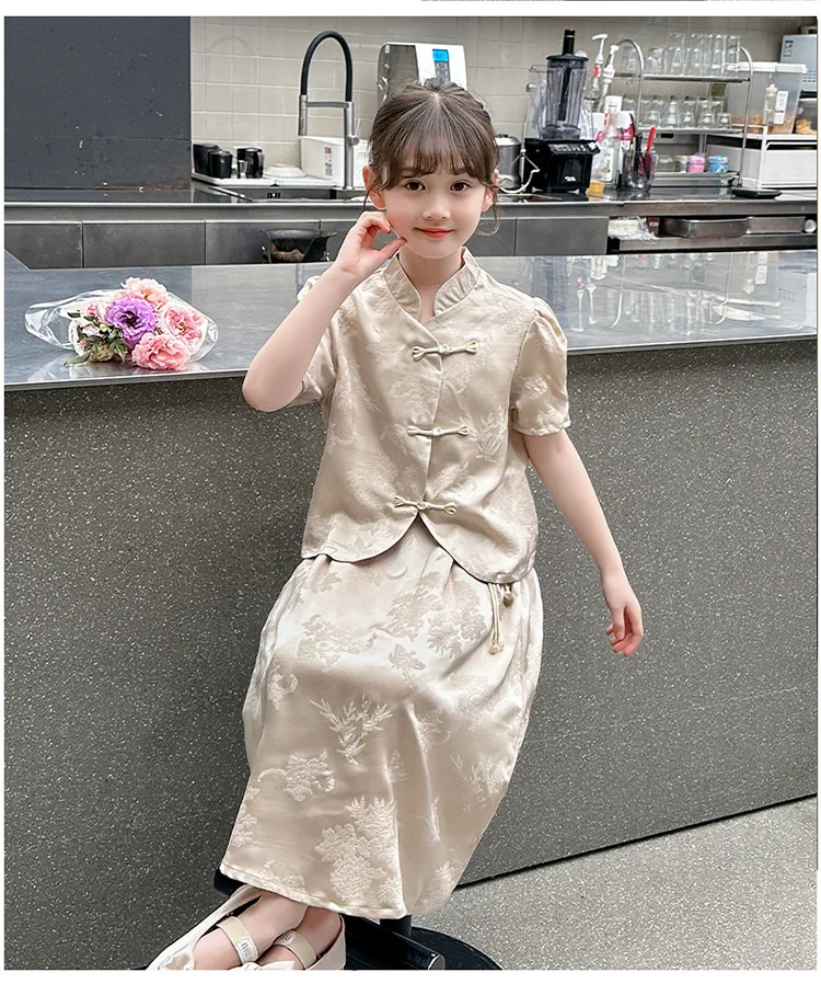 女の子のための中国のツーピーススーツ,女性のドレスセット,子供服,シンプルなスカートセット,新しい夏のコレクション2024