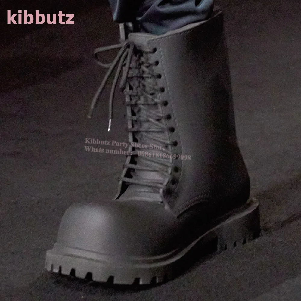 Thick Sole Big Head Knight Boots Lace-Up Genuine Leather Solid Black Platform Fashion Runway Show Concise Novelty Women Men Shoe