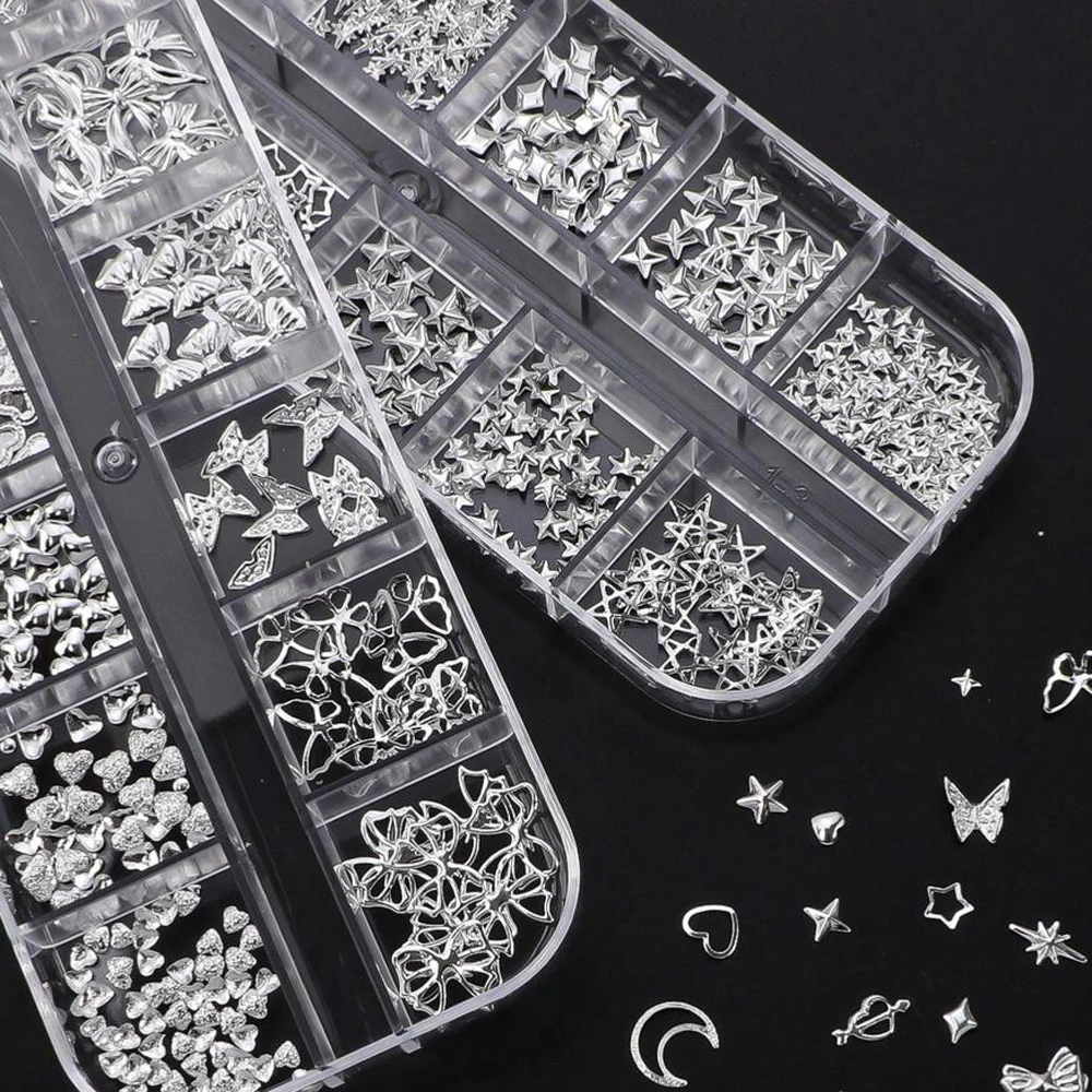12 Rejillas de Mini Adornos Metálicos para Uñas, Hexagramas de Cobre, Cruz Plateada, Estrellas, Remaches, Dijes para Uñas, DIY Y2K, Brillantina, Accesorios de Joyería para Manicura