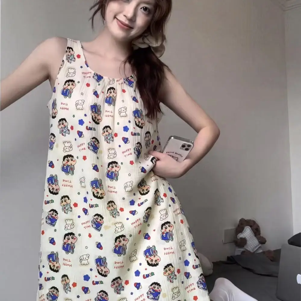 Crayon Shin-Chan Women's Summer Nightdress with Chest Mat Cartoon Cute Shin Chan Girls Pajamas Loose Casual Loungewear Outdoor