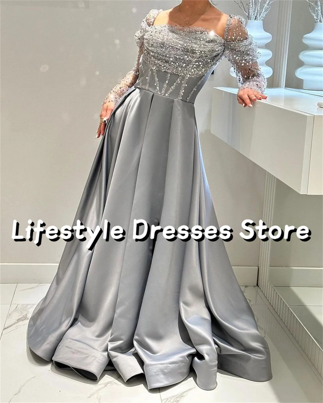 

Sparkly Long Sleeves Evening Dresses Satin A-Line Sequins Tulle Princess Wedding Party Gown Special Occasion robes de soire