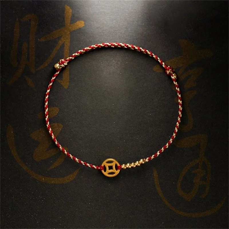 Handmade Woven Red Rope Wealth Lucky Bangle Gold Color Copper  Adult Women Men Couple Adjustable Bracelets Drop Shipping