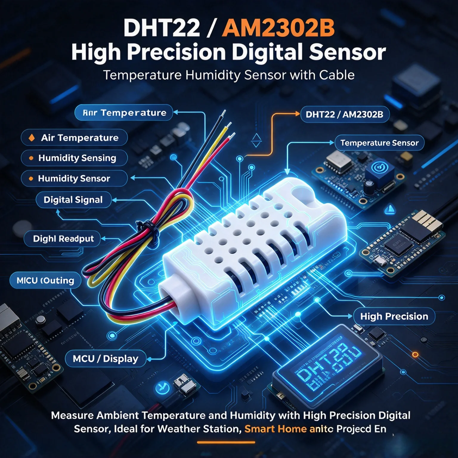 5Pcs DHT22/AM2302B Digital Temp Humidity Sensor with Cable, High Precision