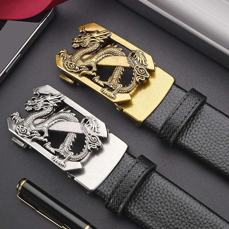Automatic buckle belt, Chinese elements, durable folding pants belt, retro hollow Z-buckle belt, dragon pattern