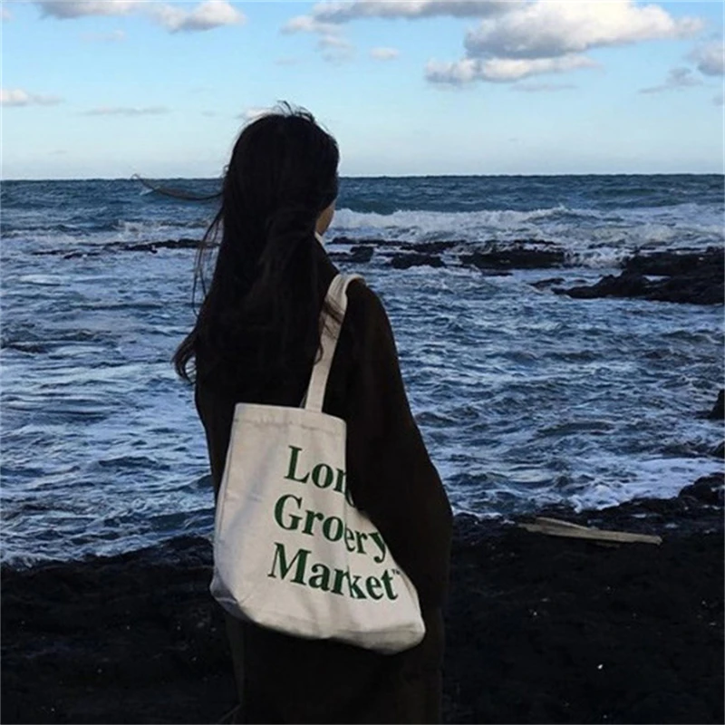 Borsa per la spesa in tela da donna borsa a tracolla da donna con stampa di lettere Casual di grande capacità borsa a mano ecologica Tote borse per