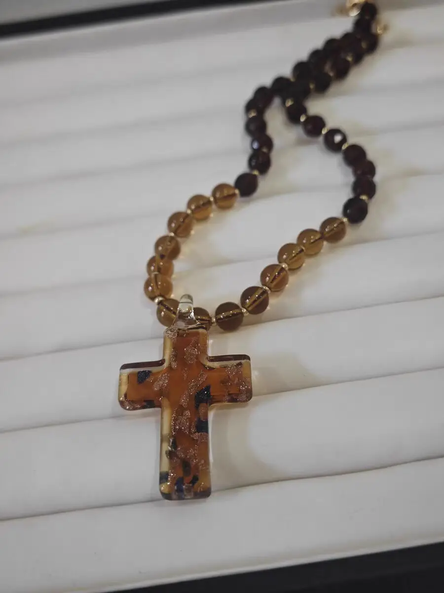 Handmade Murano Glass Amber Cross Pendant With Bead Chain Necklace For Women Glass Jewelry Wedding Party Girl Loves Gifts