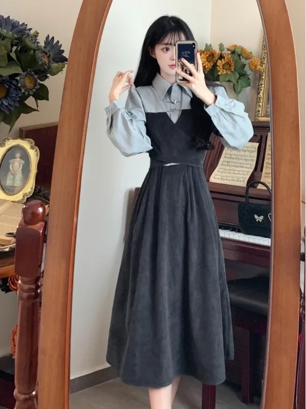 

Женское платье больших размеров в стиле колор-блок, А-силуэт, длинное, осенне-зимнее, новое, с завышенной талией, стройнящее, имитация двух частей