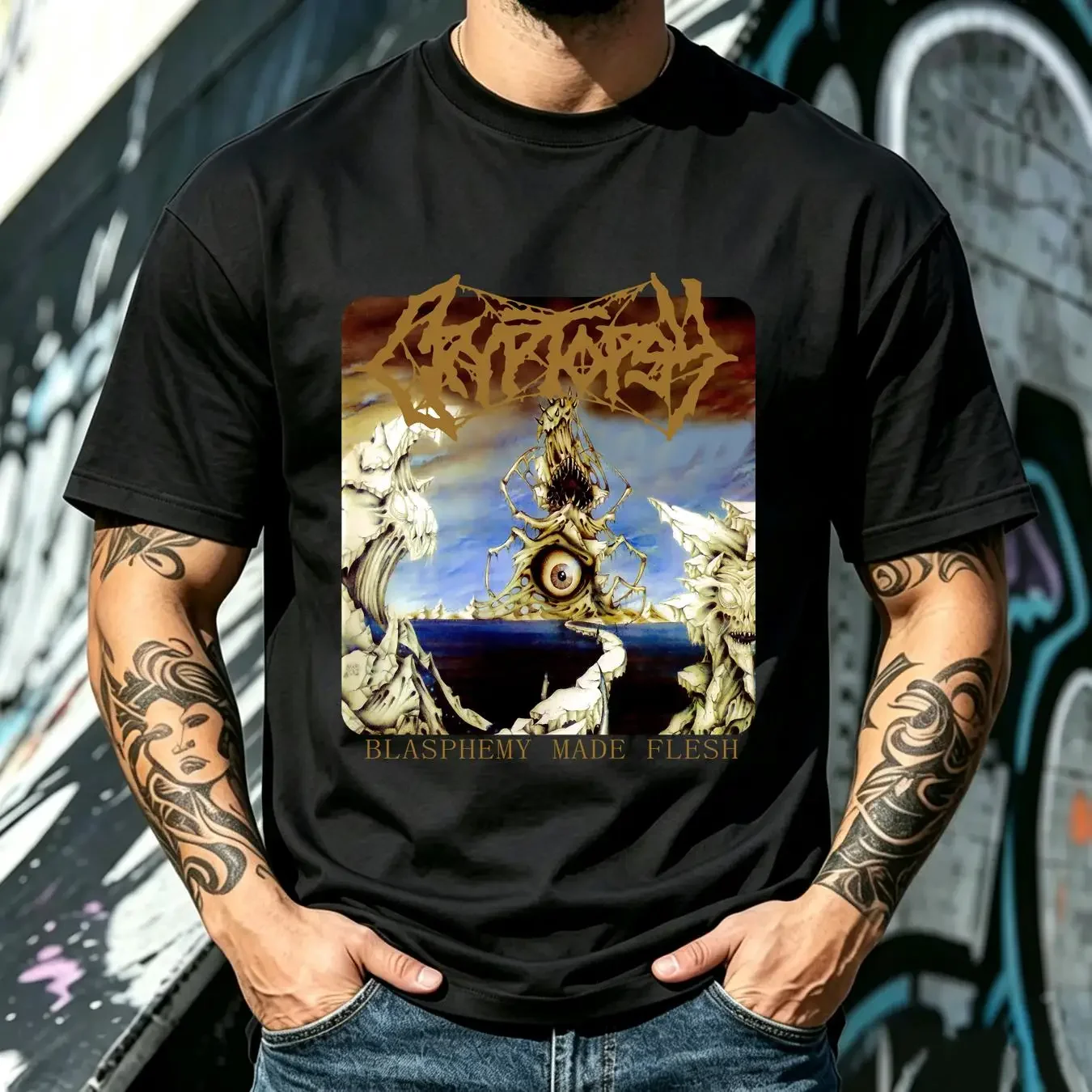 washed T Shirt Cryptopsy Blasphemy Flesh Death metal Gorguts Incantation vintage Washed streetwear fashion Breathable Stretched