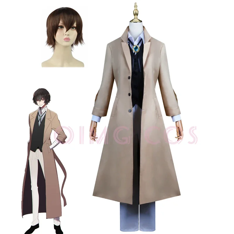 Dazai Osamu Cosplay Traje para Homens e Mulheres, Bungo Stray Dogs, Trench Coat Khaki, Uniforme Preto, Ternos, Peruca Acessórios, Unisex