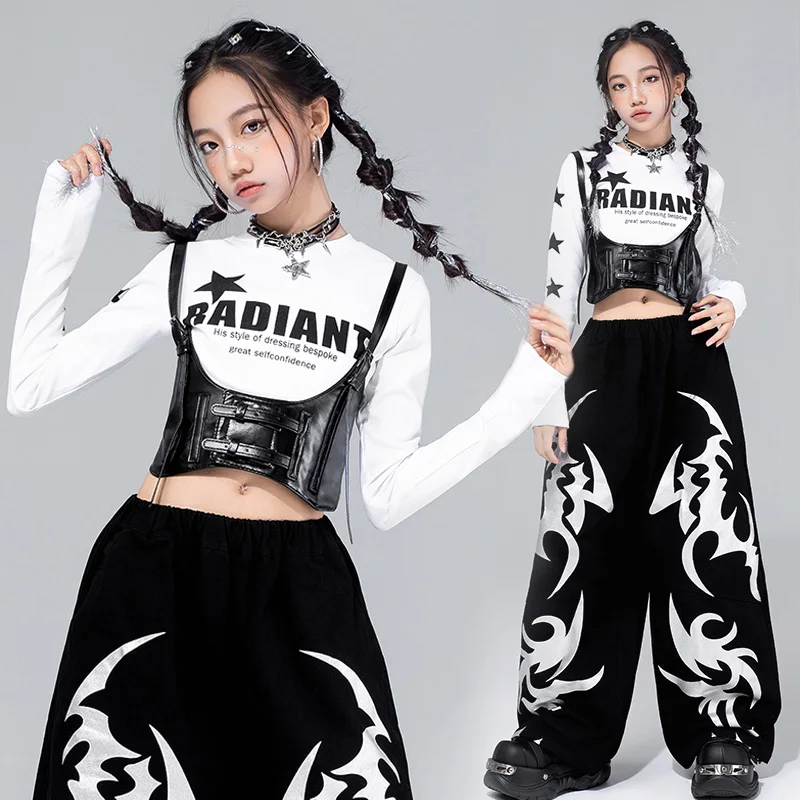 

New Jazz Dance Costume Girls Kpop Stage Show Outfit Crop Top White Black Hip Hop Pants Kid Street Dance Performance Wear VDL4587