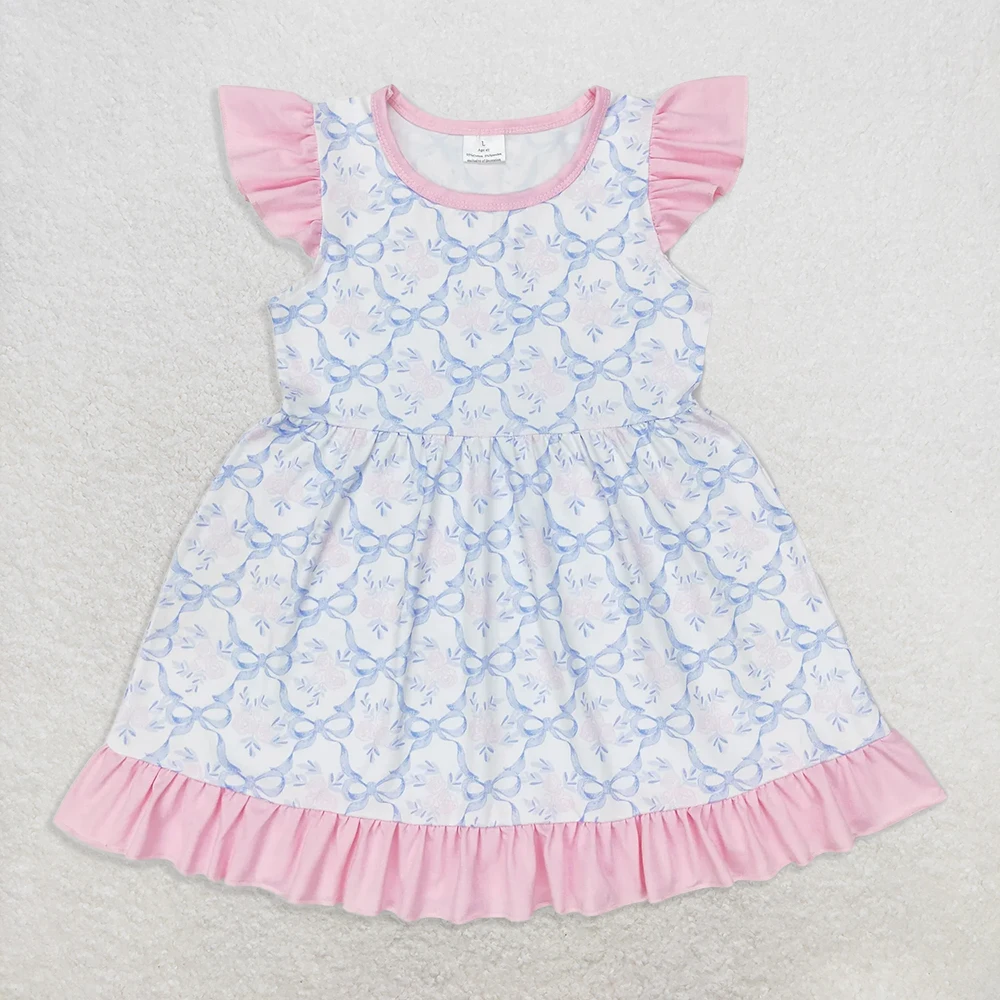 

Baby Girls Blue Bows Summer Dress with Pink Floral Print And Flutter Sleeves Knee-Length Cute And Stylish Girls Outfit